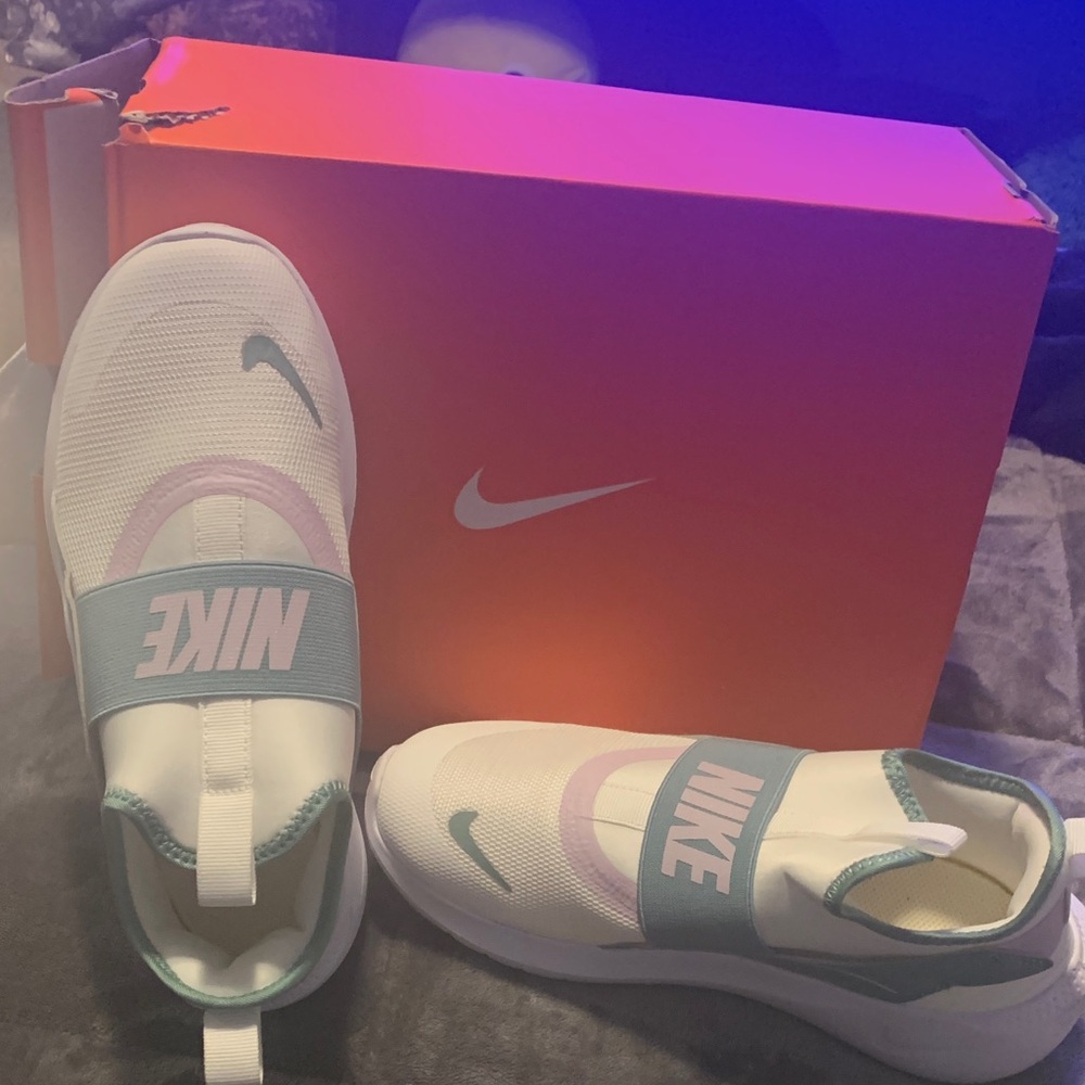 Nike White and Teal Slip-On Shoes